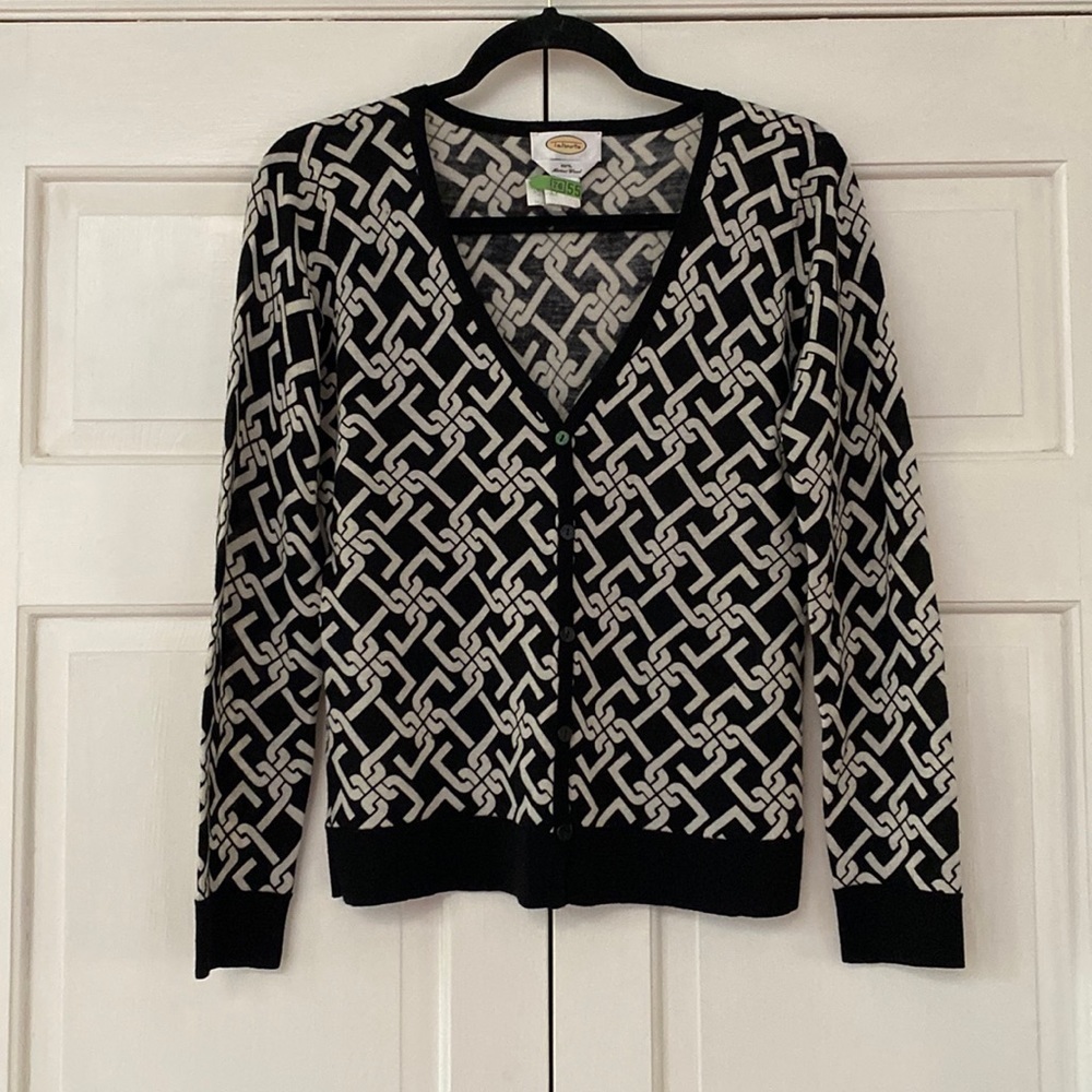 Talbots Black and White Geometric Print Cardigan